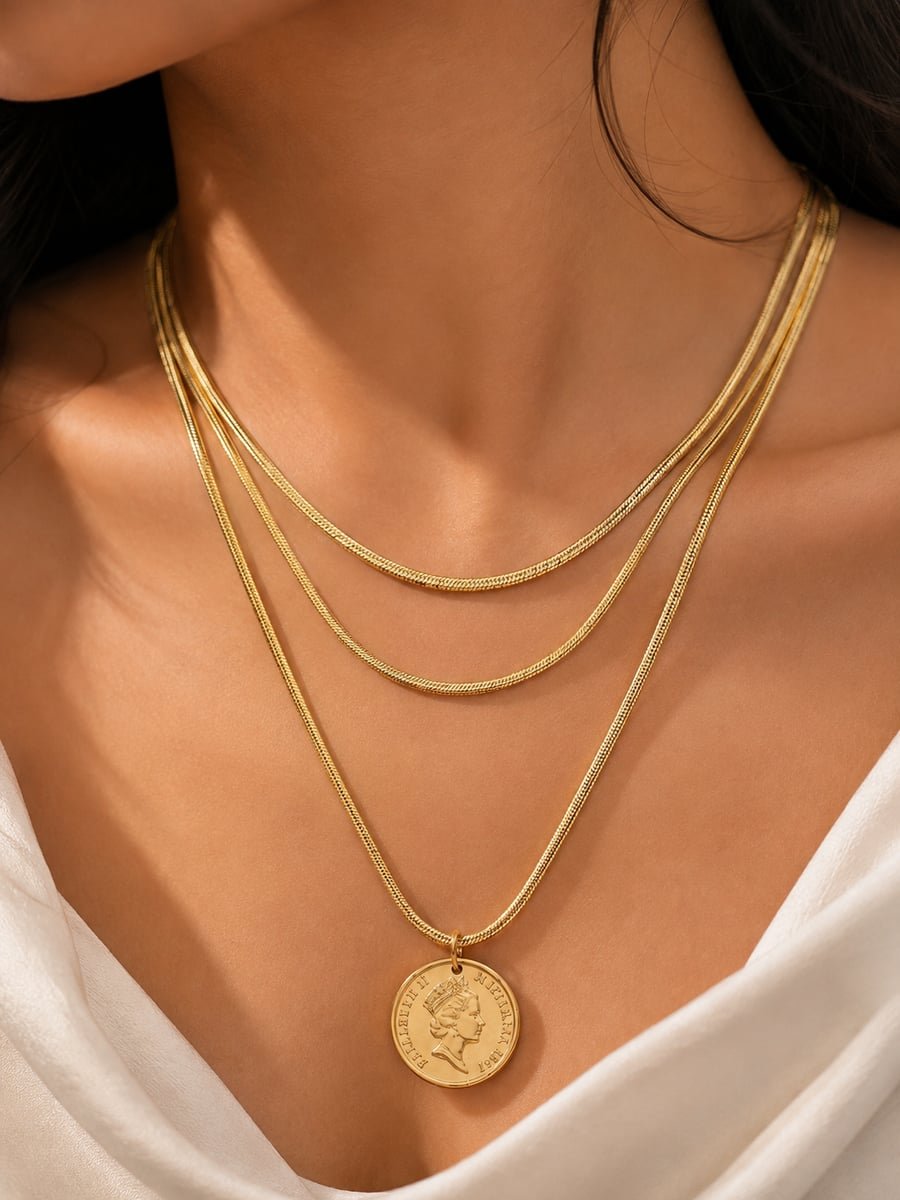 Triple Chain Coin Pendant Layered Necklace – 18K Gold Plated - view 2