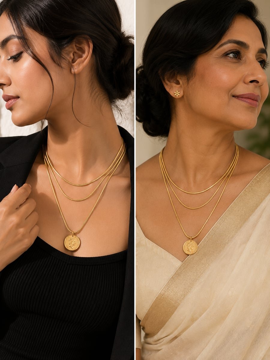 Triple Chain Coin Pendant Layered Necklace – 18K Gold Plated - view 3