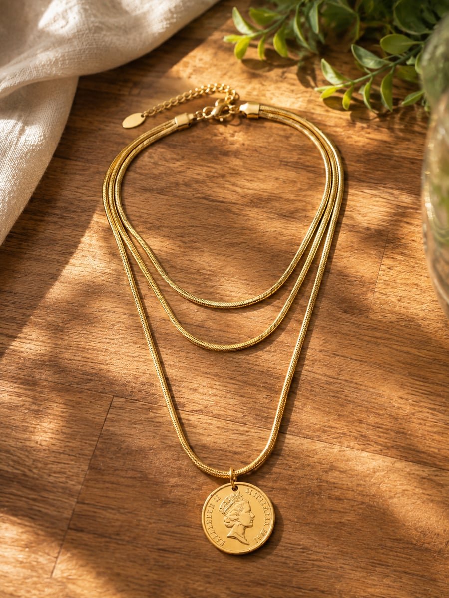Triple Chain Coin Pendant Layered Necklace – 18K Gold Plated - view 4
