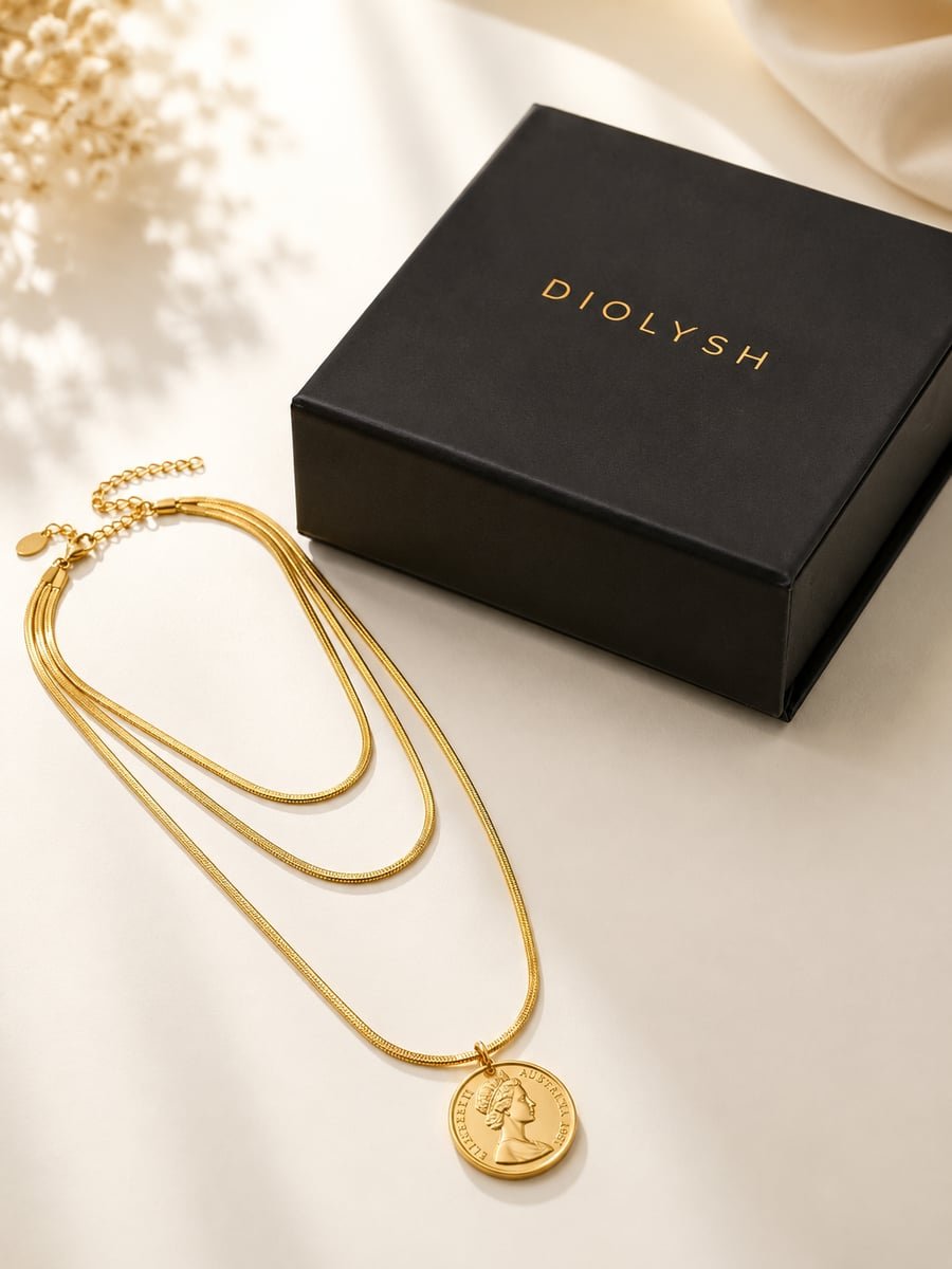 Triple Chain Coin Pendant Layered Necklace – 18K Gold Plated - view 5