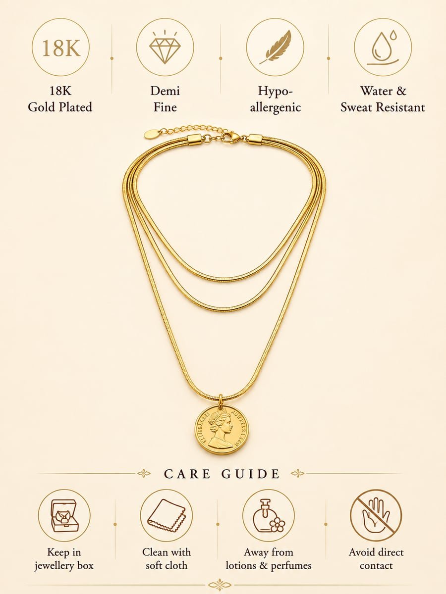 Triple Chain Coin Pendant Layered Necklace – 18K Gold Plated - view 6