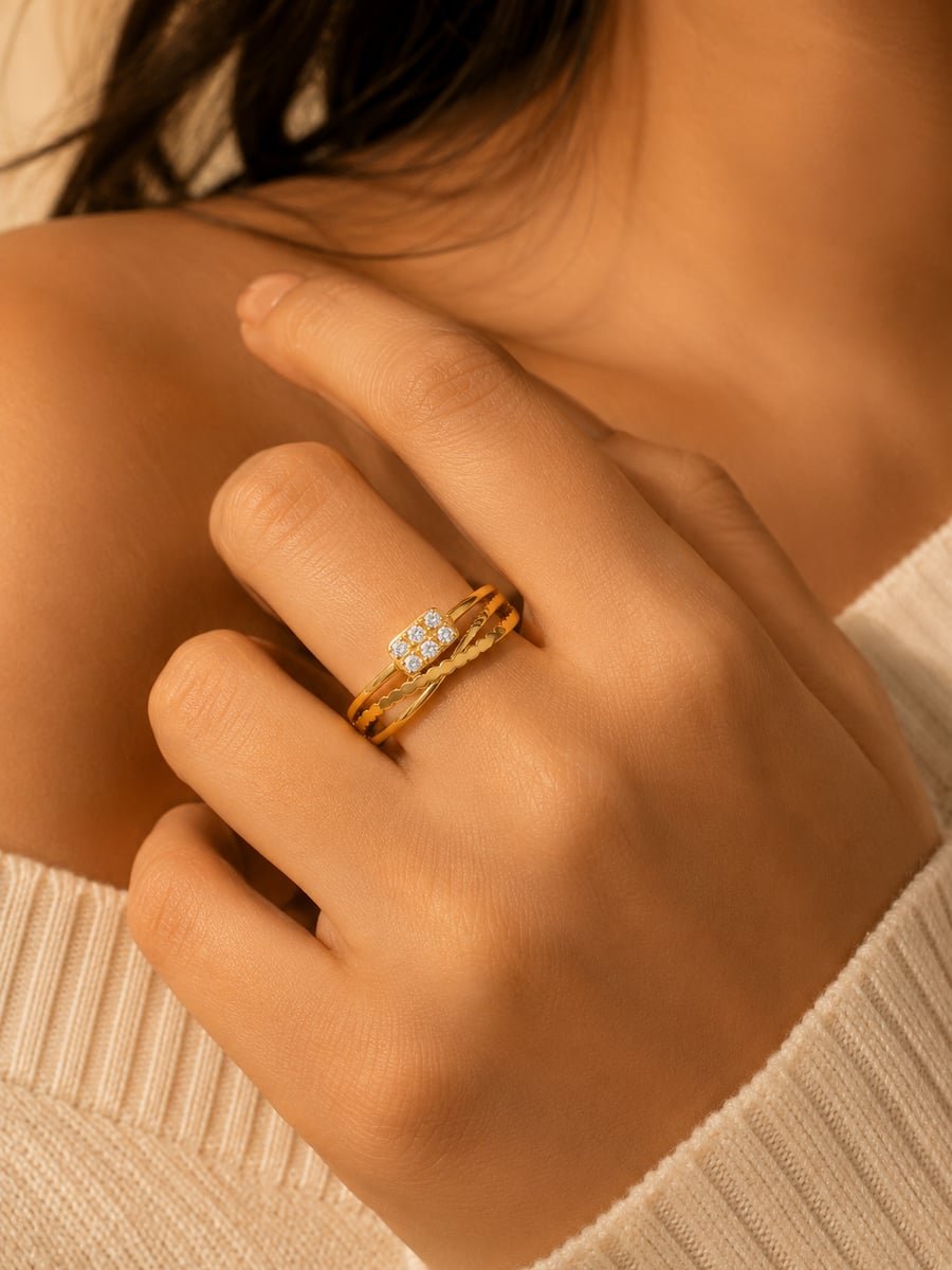 Triple Row CZ Cluster Band Ring in Stainless Steel - view 2