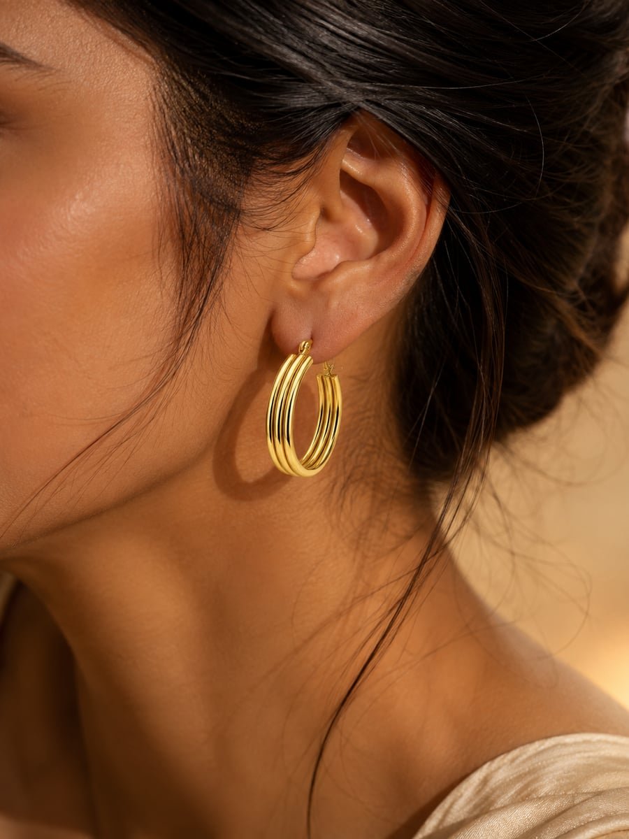 Triple Tube Oval Hoop Earrings – 18K Gold Plated - view 2