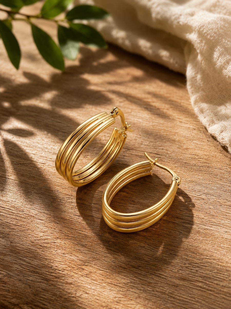 Triple Tube Oval Hoop Earrings – 18K Gold Plated - view 4