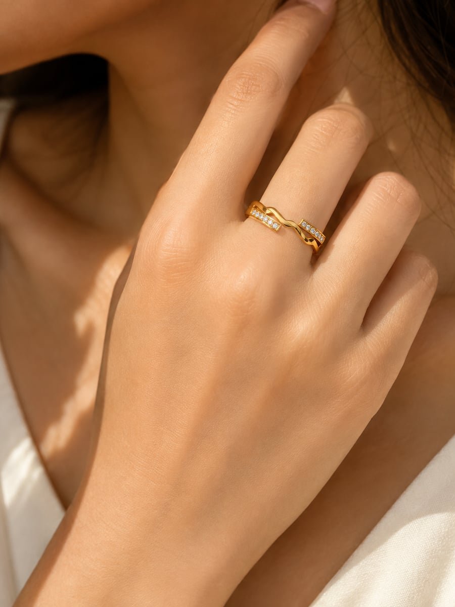 Wave Bypass Band Ring with CZ Bars, Anti-Tarnish Gold - view 2