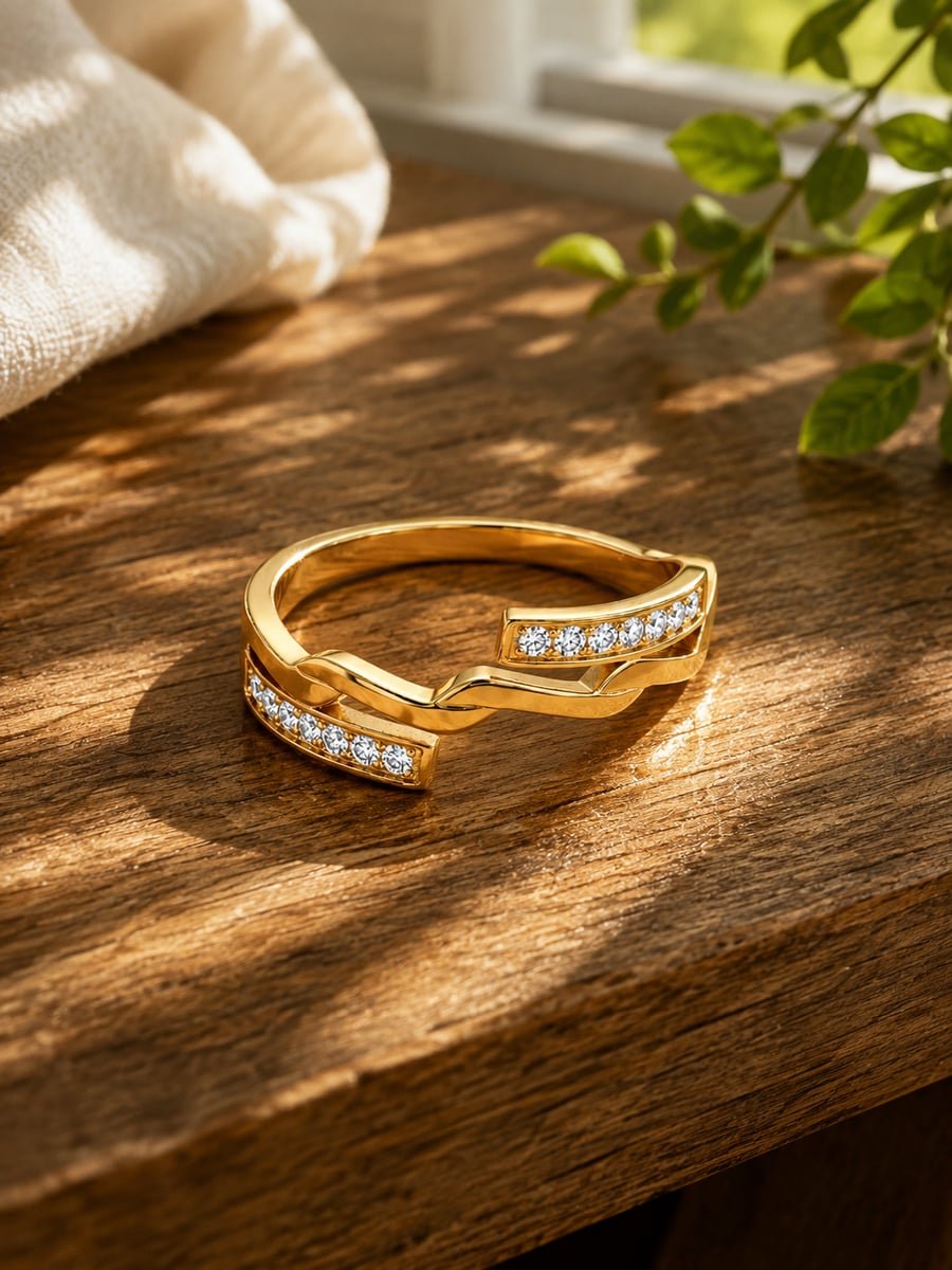 Wave Bypass Band Ring with CZ Bars, Anti-Tarnish Gold - view 4
