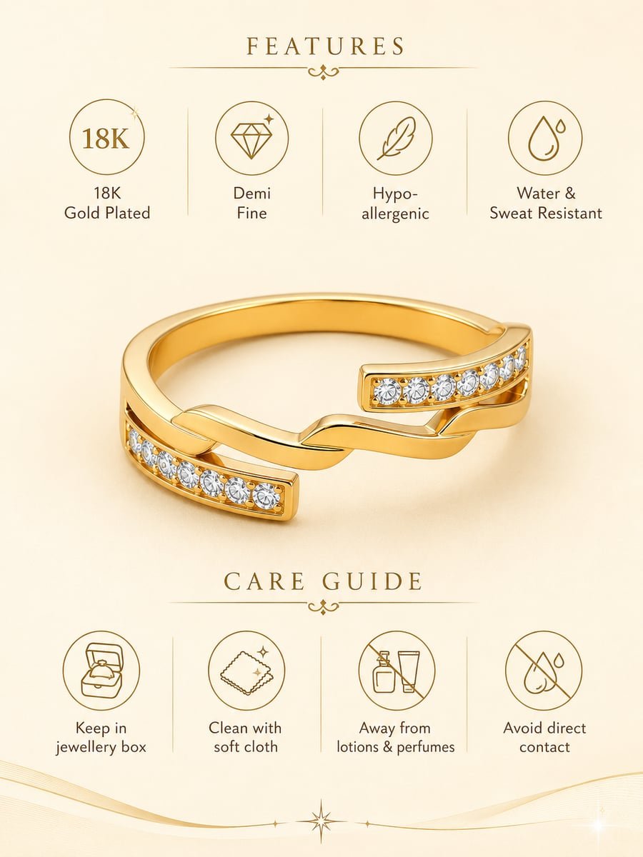 Wave Bypass Band Ring with CZ Bars, Anti-Tarnish Gold - view 6