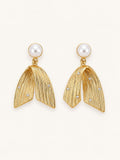White Bead Textured Leaf Drop Earrings, Anti-Tarnish Gold