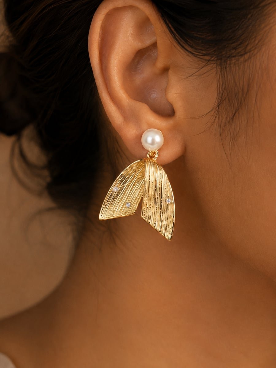 White Bead Textured Leaf Drop Earrings, Anti-Tarnish Gold - view 2