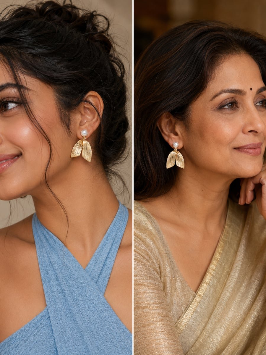 White Bead Textured Leaf Drop Earrings, Anti-Tarnish Gold - view 3