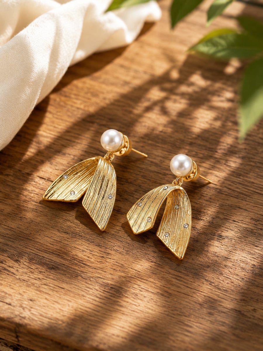 White Bead Textured Leaf Drop Earrings, Anti-Tarnish Gold - view 4