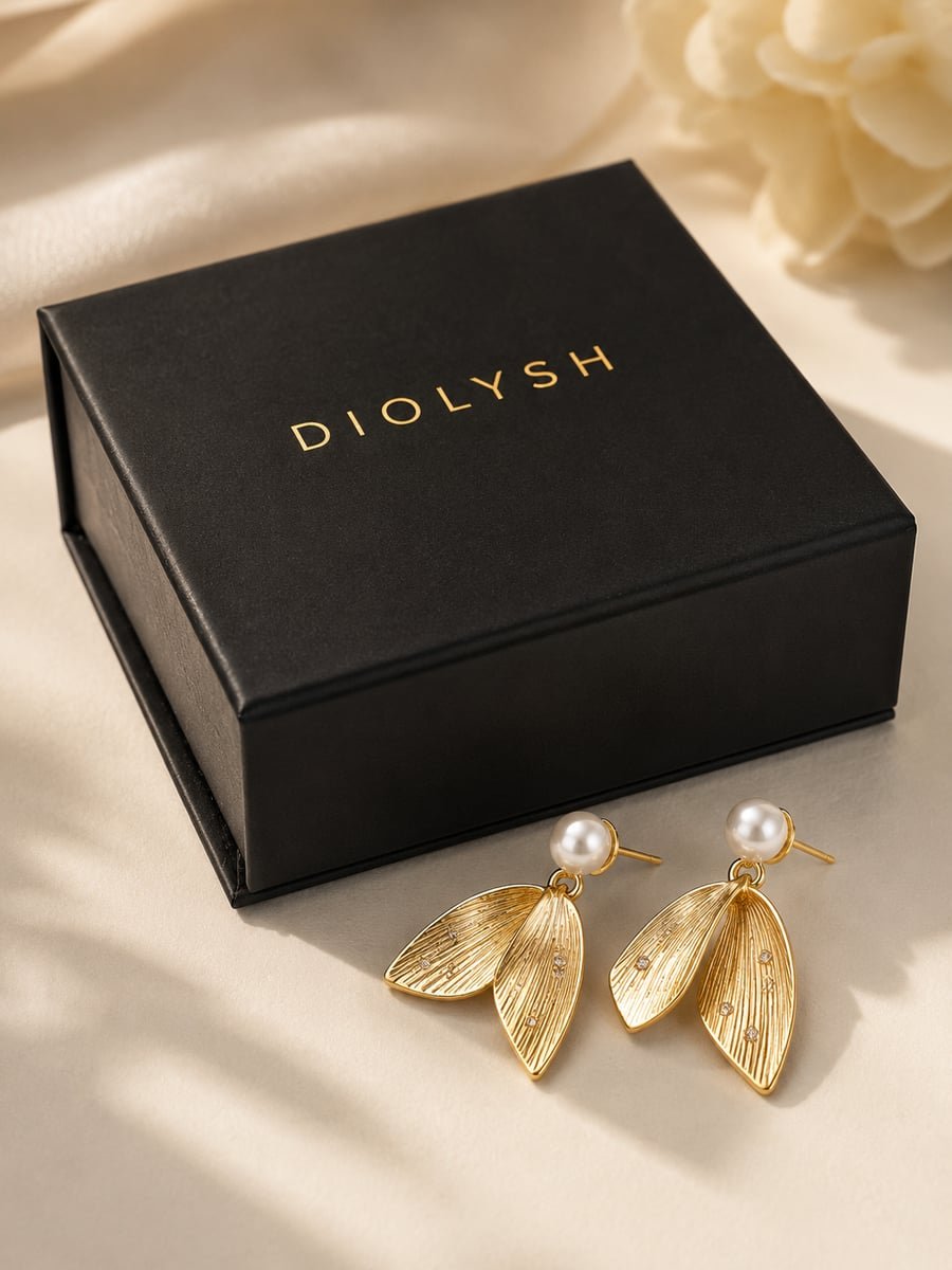 White Bead Textured Leaf Drop Earrings, Anti-Tarnish Gold - view 5
