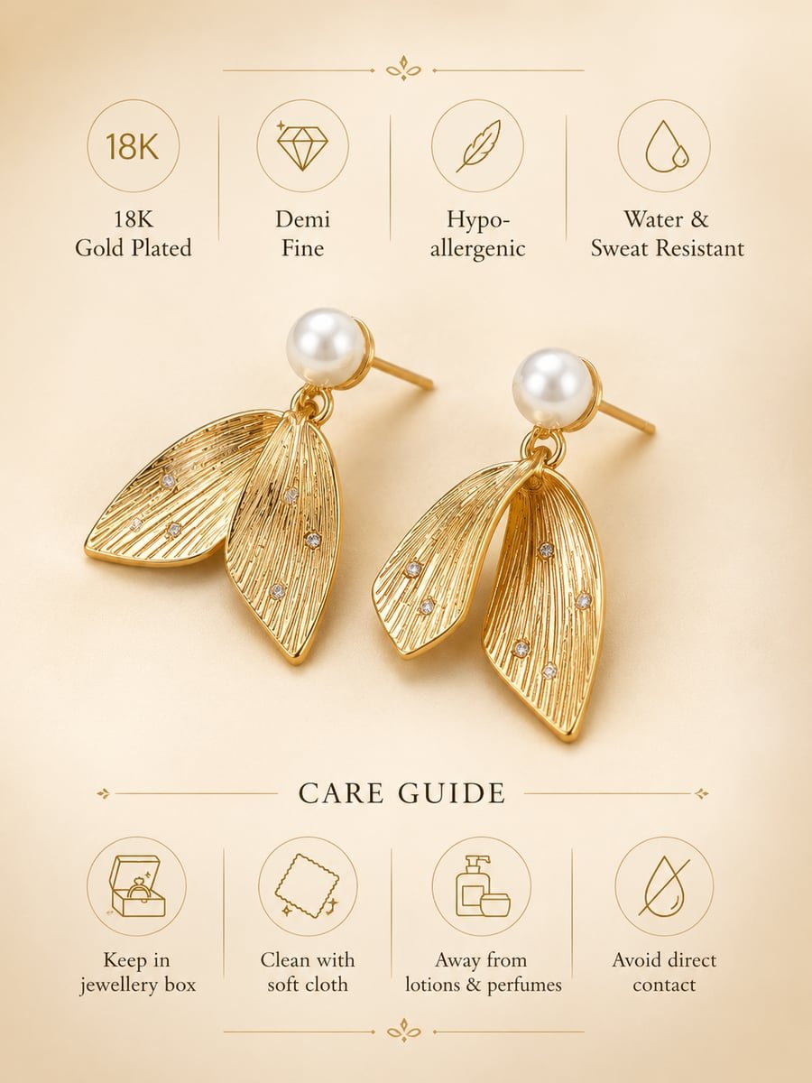 White Bead Textured Leaf Drop Earrings, Anti-Tarnish Gold - view 6