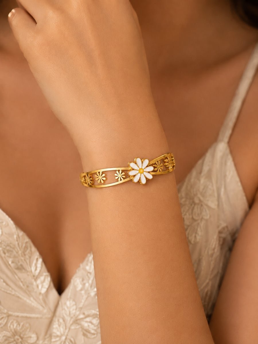 White Daisy Bangle with Cut-Out Flowers – Demi-Fine Gold - view 2