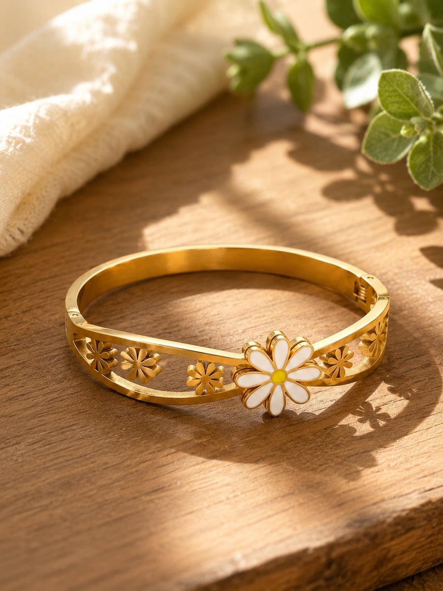 White Daisy Bangle with Cut-Out Flowers – Demi-Fine Gold - view 4