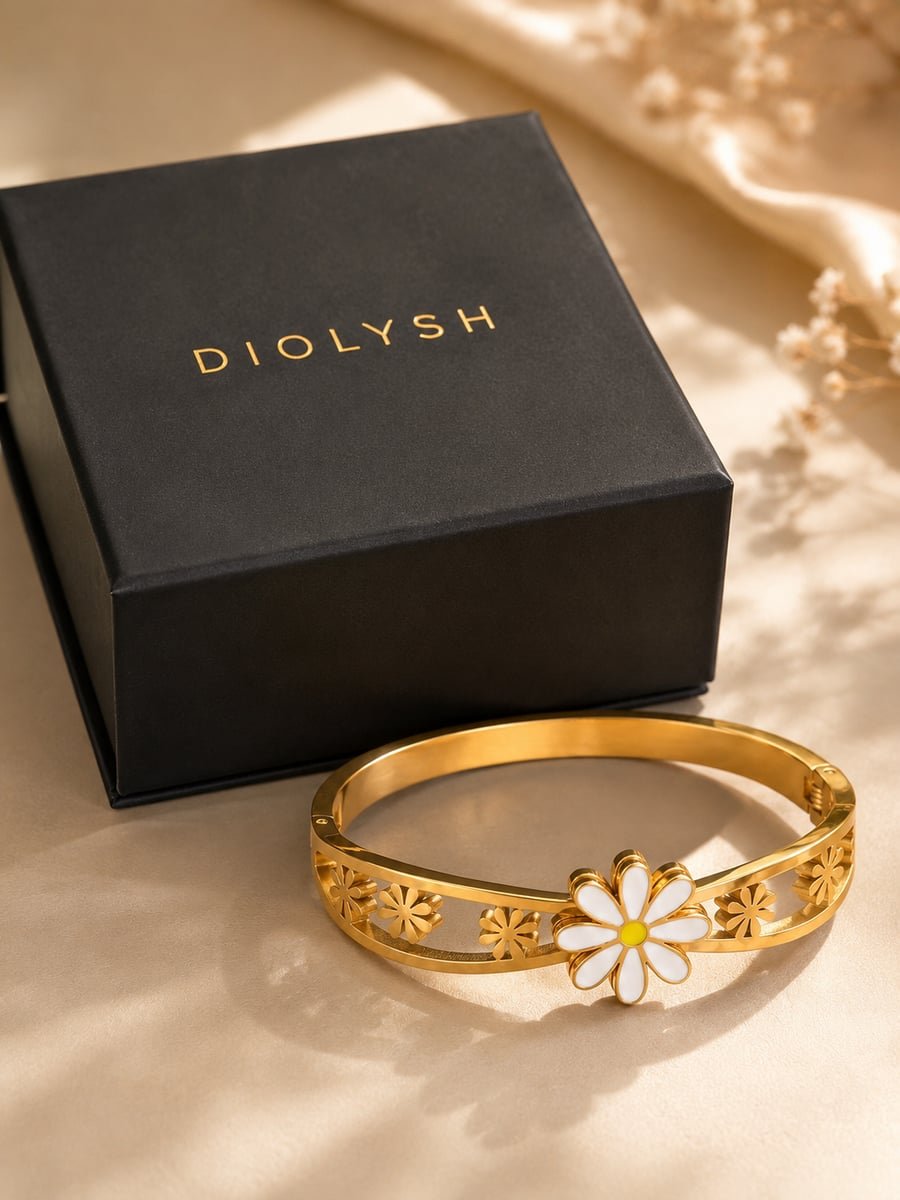 White Daisy Bangle with Cut-Out Flowers – Demi-Fine Gold - view 5