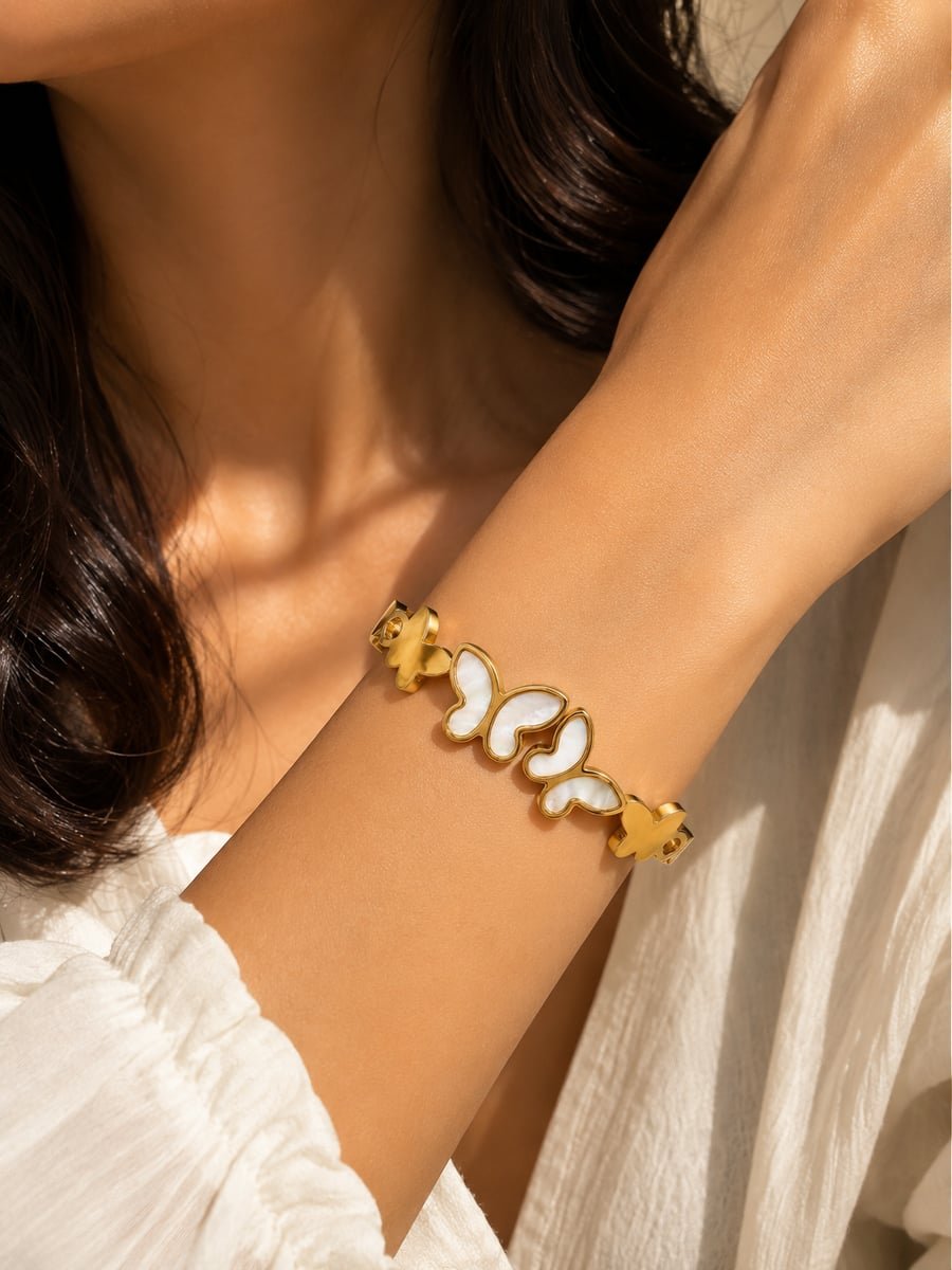 White Inlay Butterfly Bangle – Demi-Fine Gold - view 2