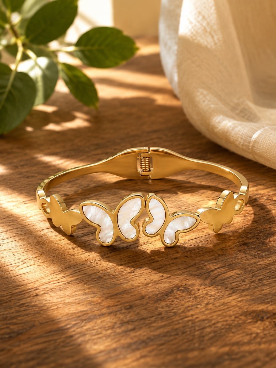 White Inlay Butterfly Bangle – Demi-Fine Gold - view 4