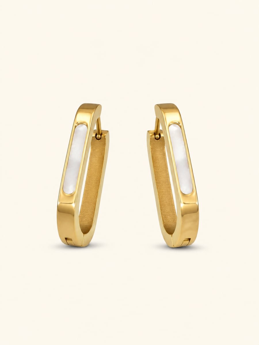 White Inlay Rectangle Hoop Earrings – 18K Gold Plated