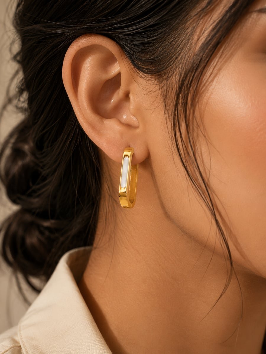 White Inlay Rectangle Hoop Earrings – 18K Gold Plated - view 2