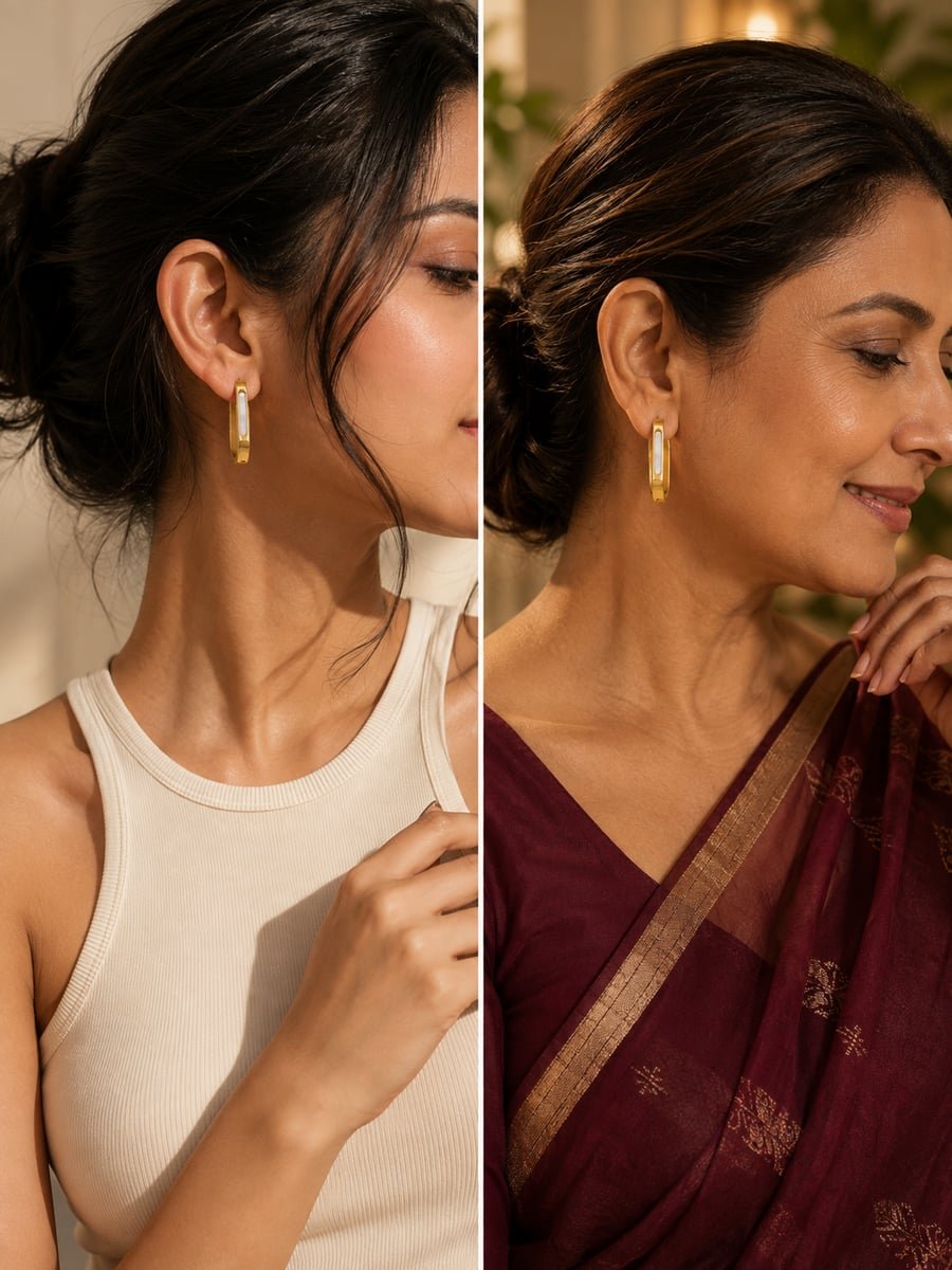 White Inlay Rectangle Hoop Earrings – 18K Gold Plated - view 3