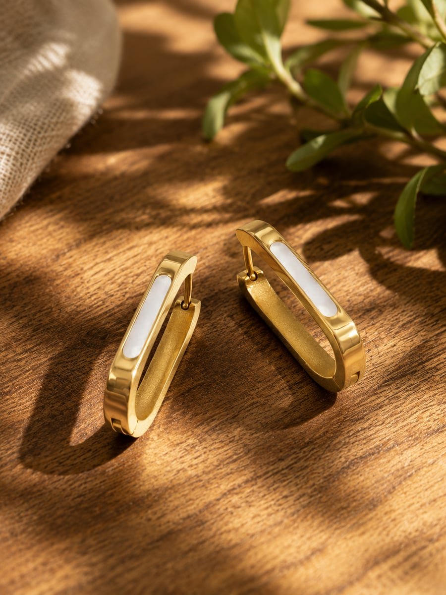 White Inlay Rectangle Hoop Earrings – 18K Gold Plated - view 4