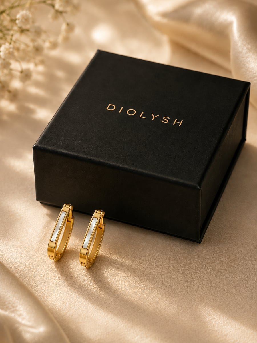 White Inlay Rectangle Hoop Earrings – 18K Gold Plated - view 5
