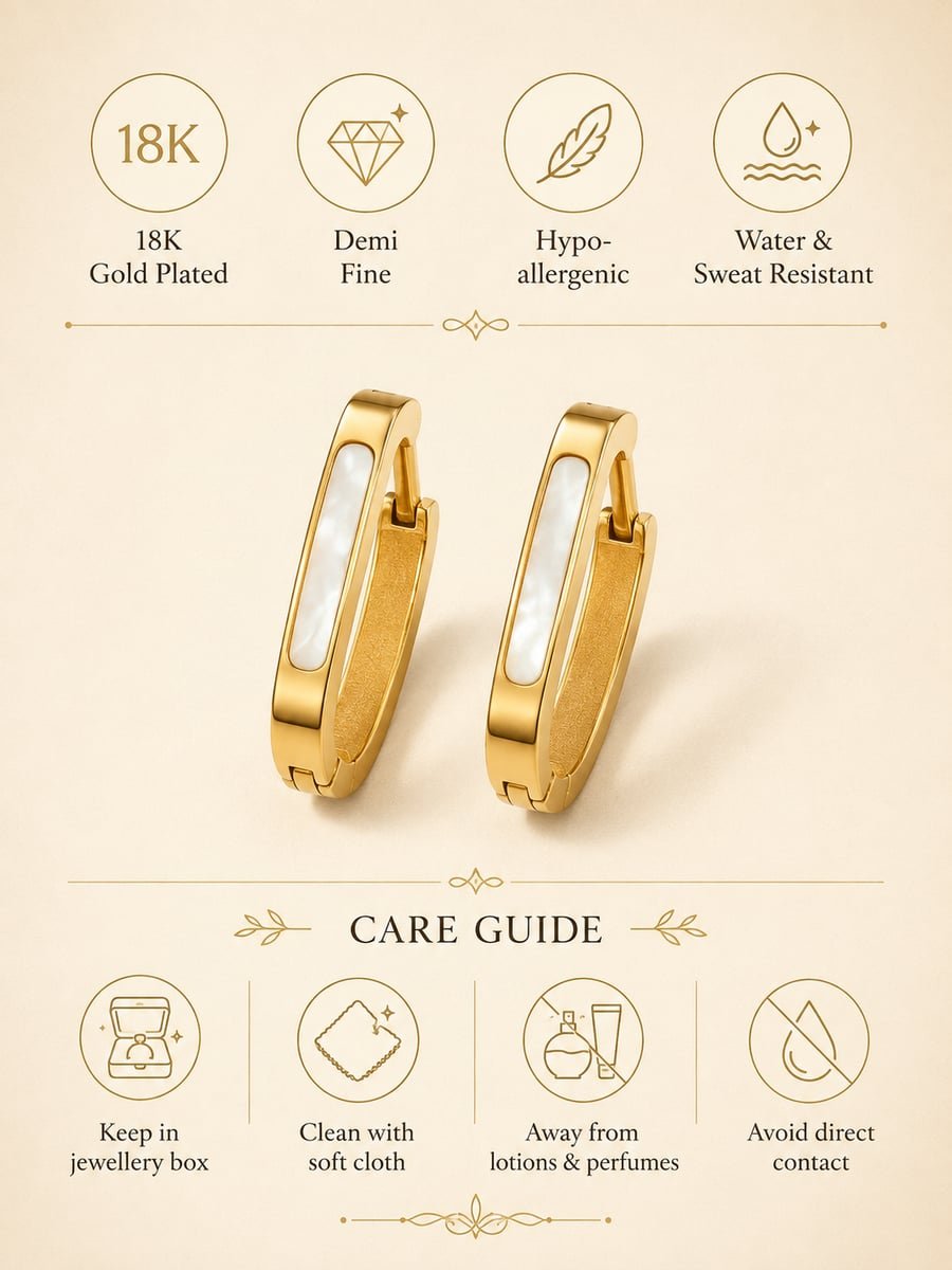 White Inlay Rectangle Hoop Earrings – 18K Gold Plated - view 6
