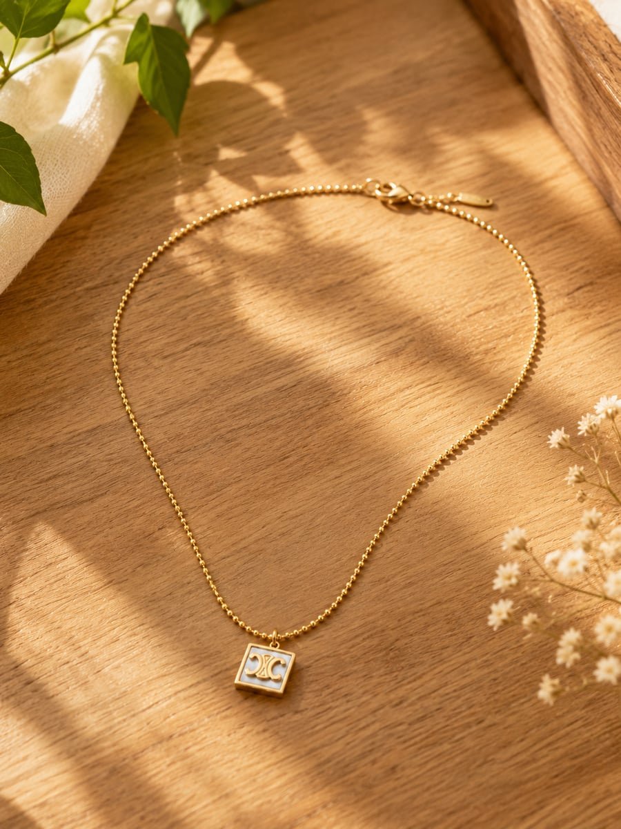 White Inlay Square Medallion Necklace – Demi-Fine Gold - view 4