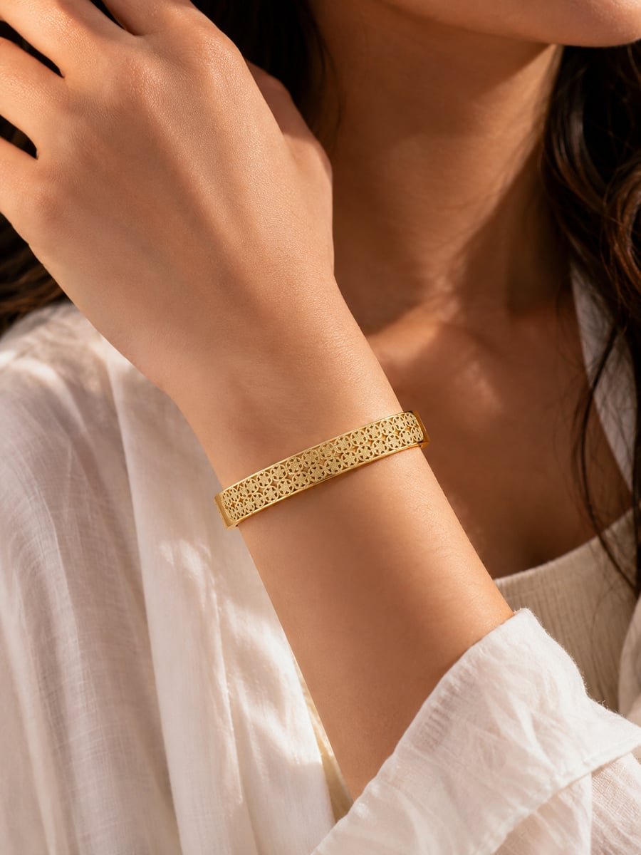 Wide Hinged Lattice Bangle, Anti-Tarnish Gold - view 2