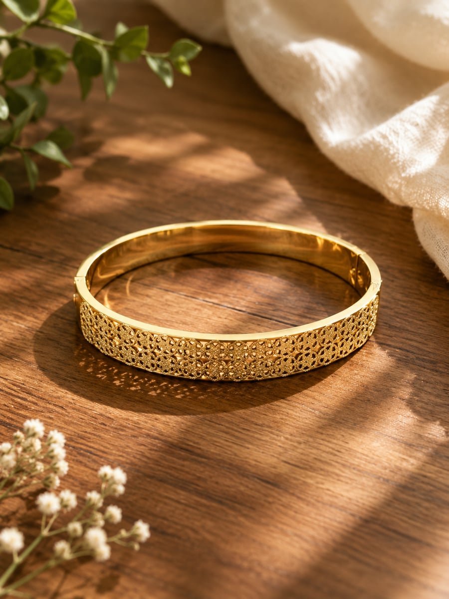 Wide Hinged Lattice Bangle, Anti-Tarnish Gold - view 4