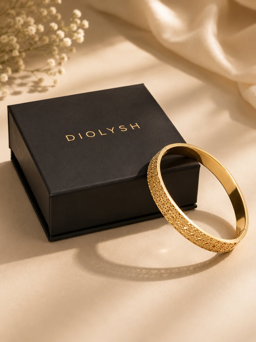 Wide Hinged Lattice Bangle, Anti-Tarnish Gold - view 5