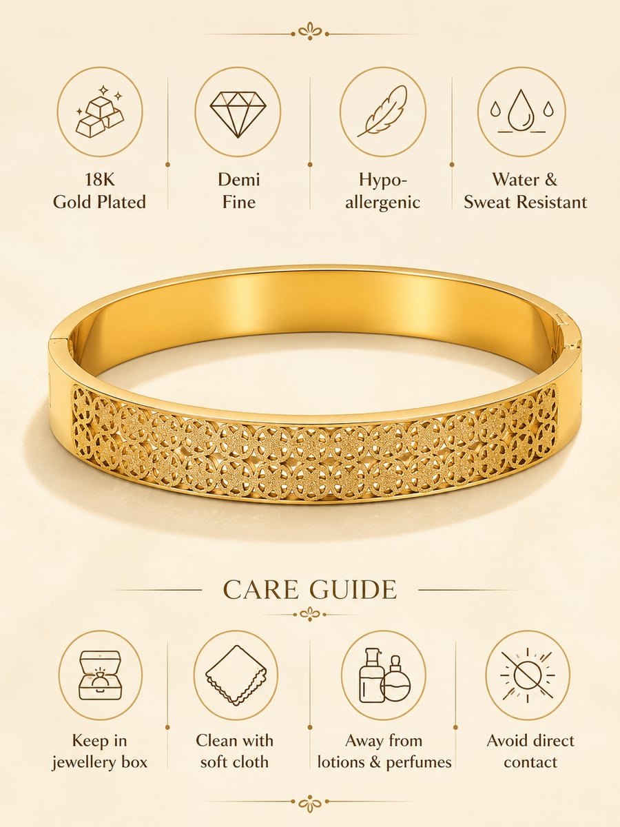 Wide Hinged Lattice Bangle, Anti-Tarnish Gold - view 6