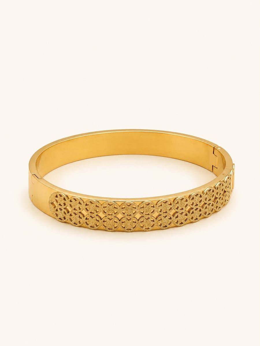 Wide Lattice Textured Bangle, Anti-Tarnish Gold