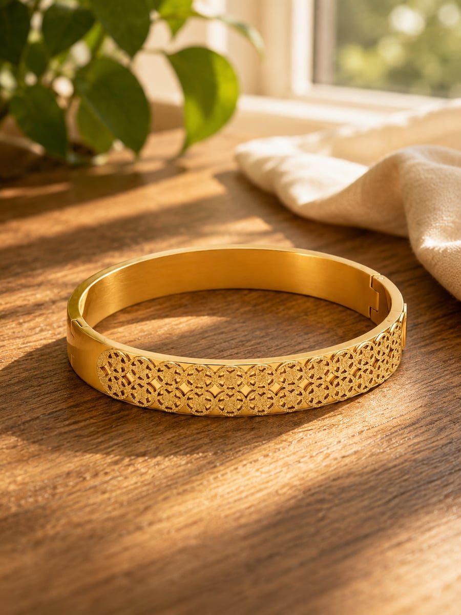 Wide Lattice Textured Bangle, Anti-Tarnish Gold - view 4