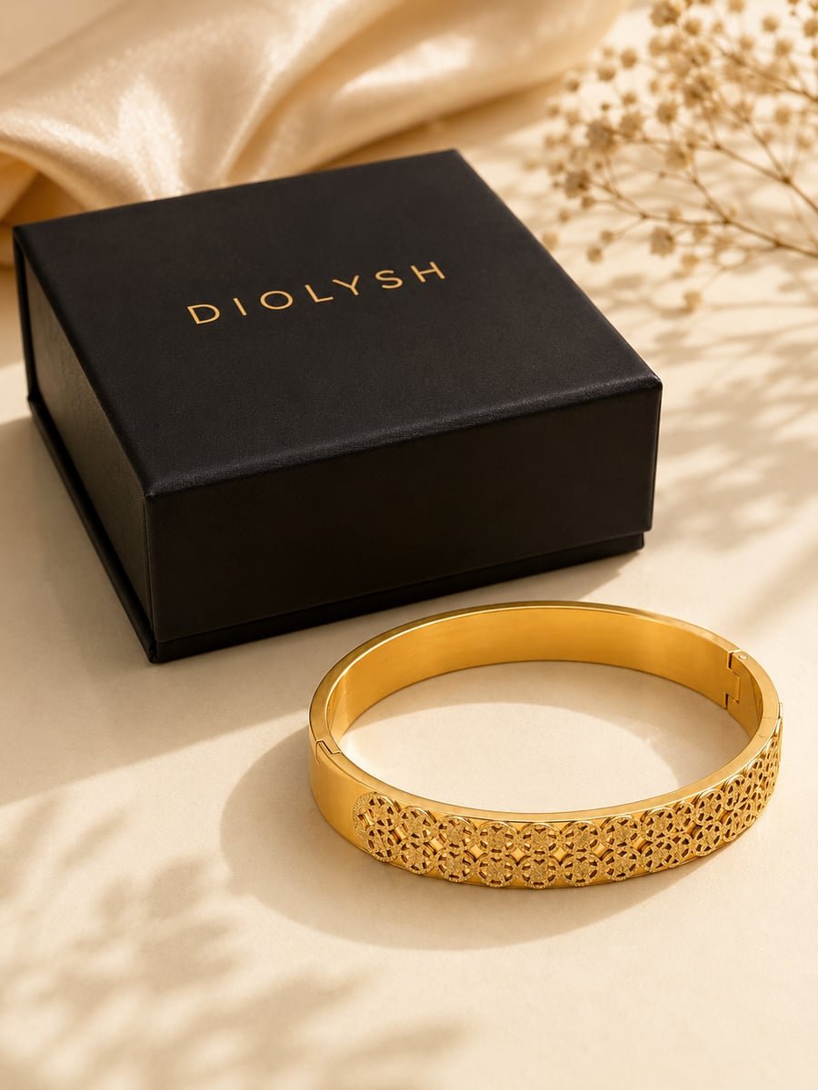 Wide Lattice Textured Bangle, Anti-Tarnish Gold - view 5