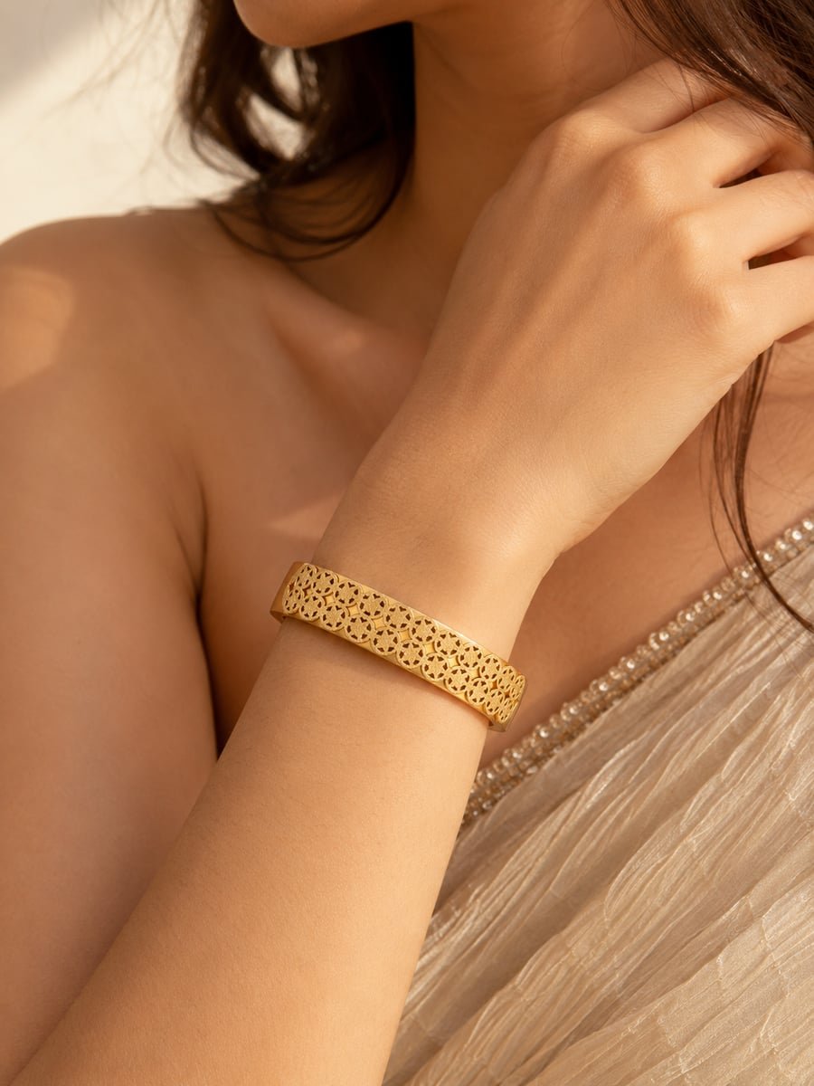Wide Lattice Textured Bangle Bracelet, Anti-Tarnish Gold - view 2