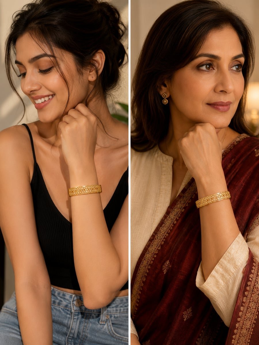 Wide Lattice Textured Bangle Bracelet, Anti-Tarnish Gold - view 3