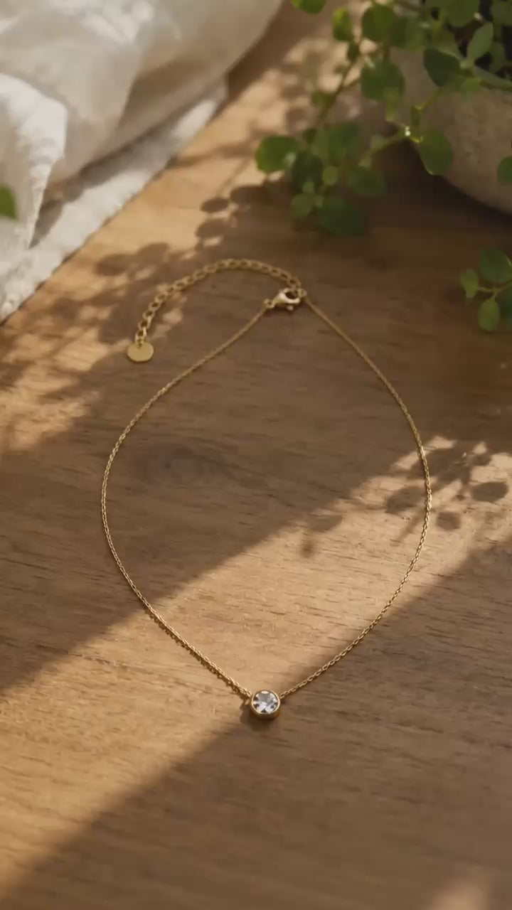 Prong Set Round CZ Solitaire Necklace, Anti-Tarnish Gold