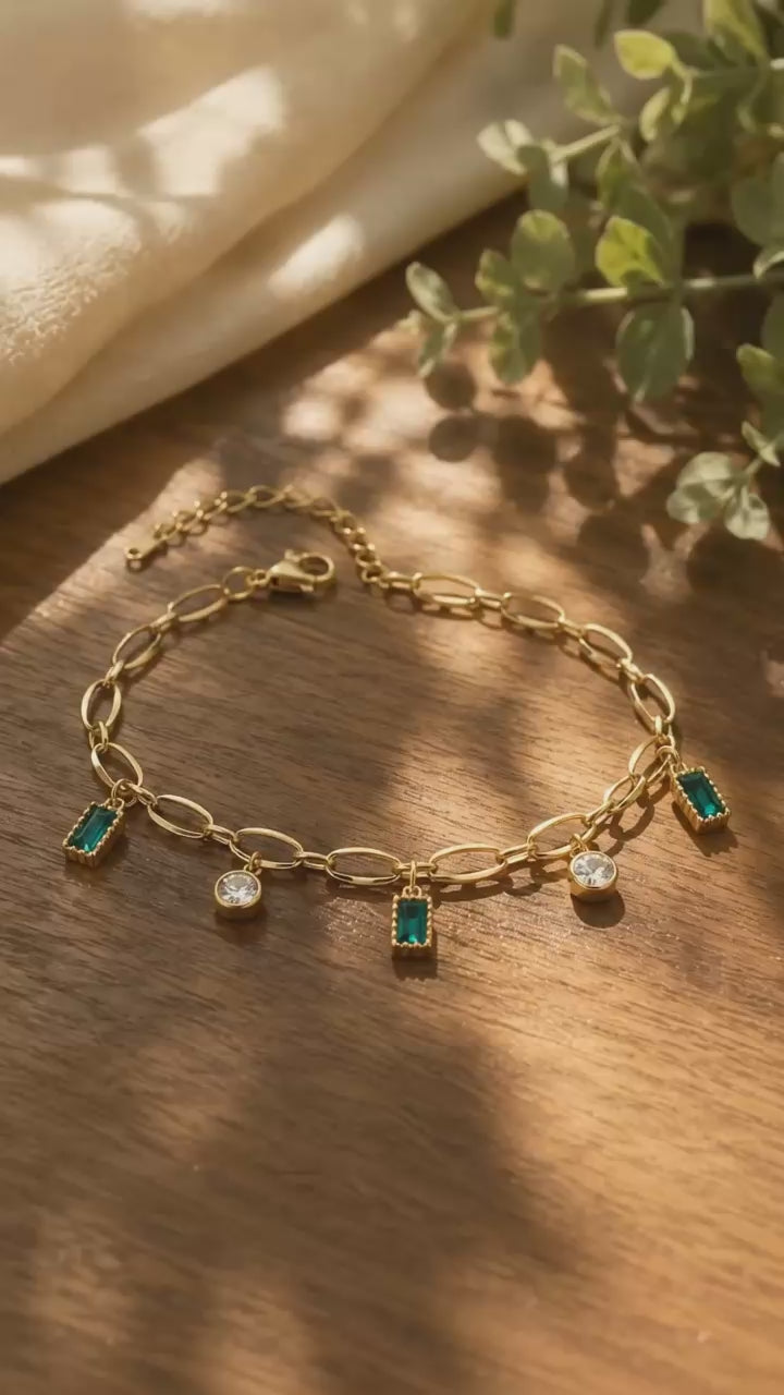 Green Stone Charm Bracelet with CZ Drops, Anti-Tarnish Gold