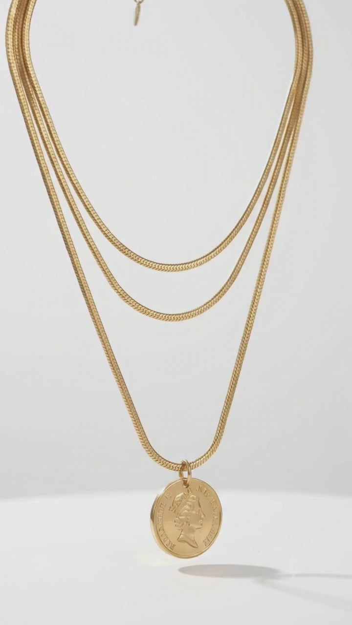 Triple Chain Coin Pendant Layered Necklace – 18K Gold Plated
