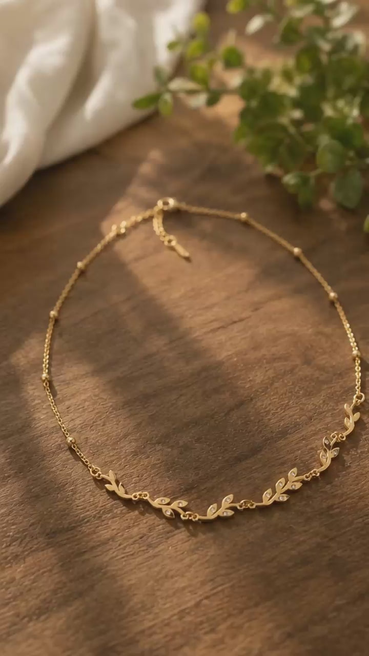 CZ Leaf Vine Necklace – Anti-Tarnish 18K Gold